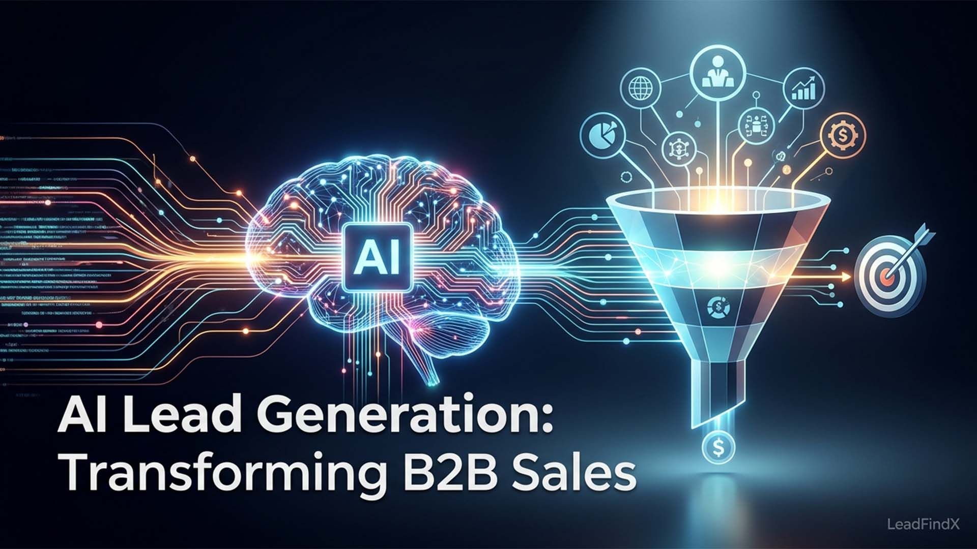 A digital image illustrating AI lead generation with a glowing blue brain labeled 'AI' on the left, connected by data lines to a sales funnel on the right | LeadFindX