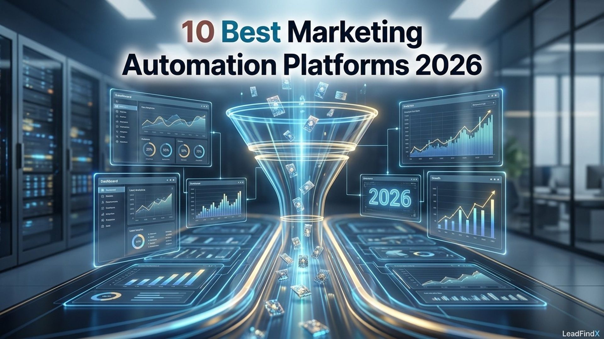A futuristic digital interface showing a marketing funnel with data dashboards, charts, and graphs in a modern office environment. The text '10 Best Marketing Automation Platforms 2026' is overlaid | LeadFindX