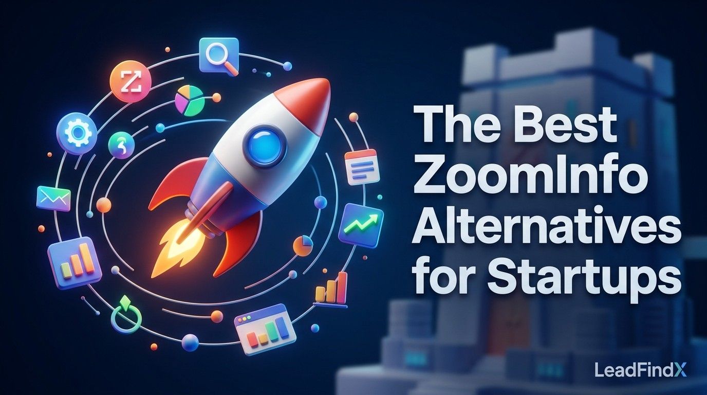 A 3D render of a red and white rocket taking off, surrounded by various business and data icons, next to a building and text.