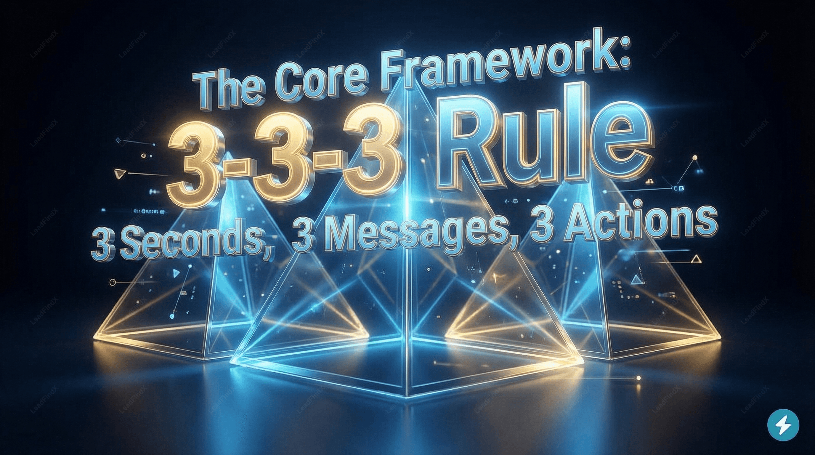 A digital presentation slide displaying 'The Core Framework: 3-3-3 Rule' in bold, glowing 3D text. Below it, '3 Seconds, 3 Messages, 3 Actions' is visible, set against a backdrop of illuminated blue and gold geometric pyramids and lines.